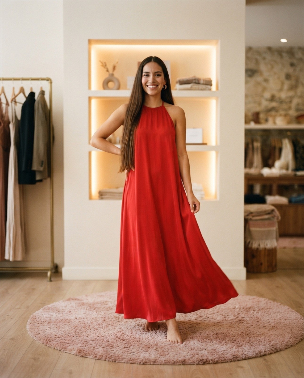 Smiling model in a red long halter dress at Liz Boutique